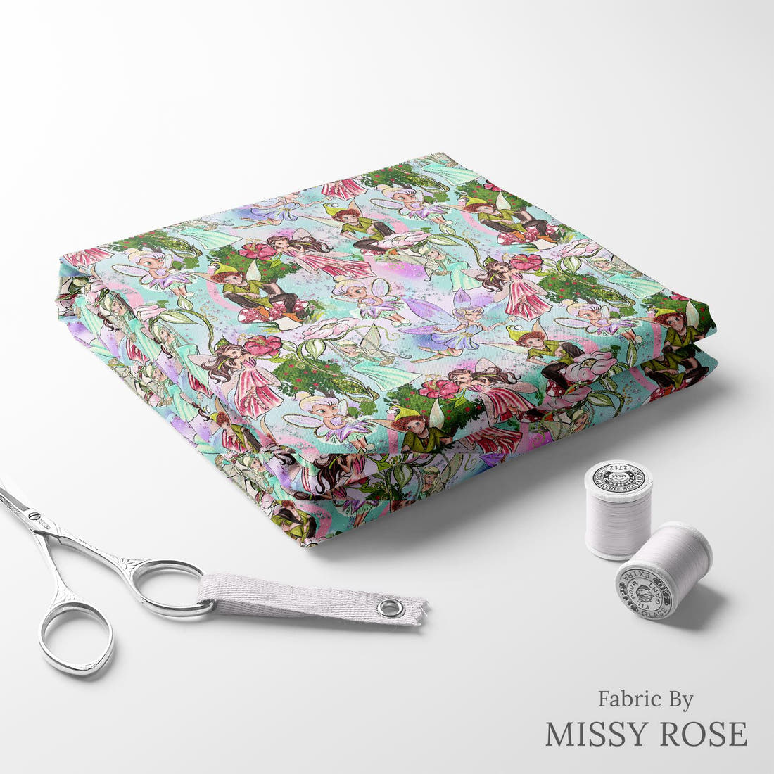 Design 952 Fairies Fabric folded fabric stack with matching thread – pre-order fabric Australia | Fabric by Missy Rose