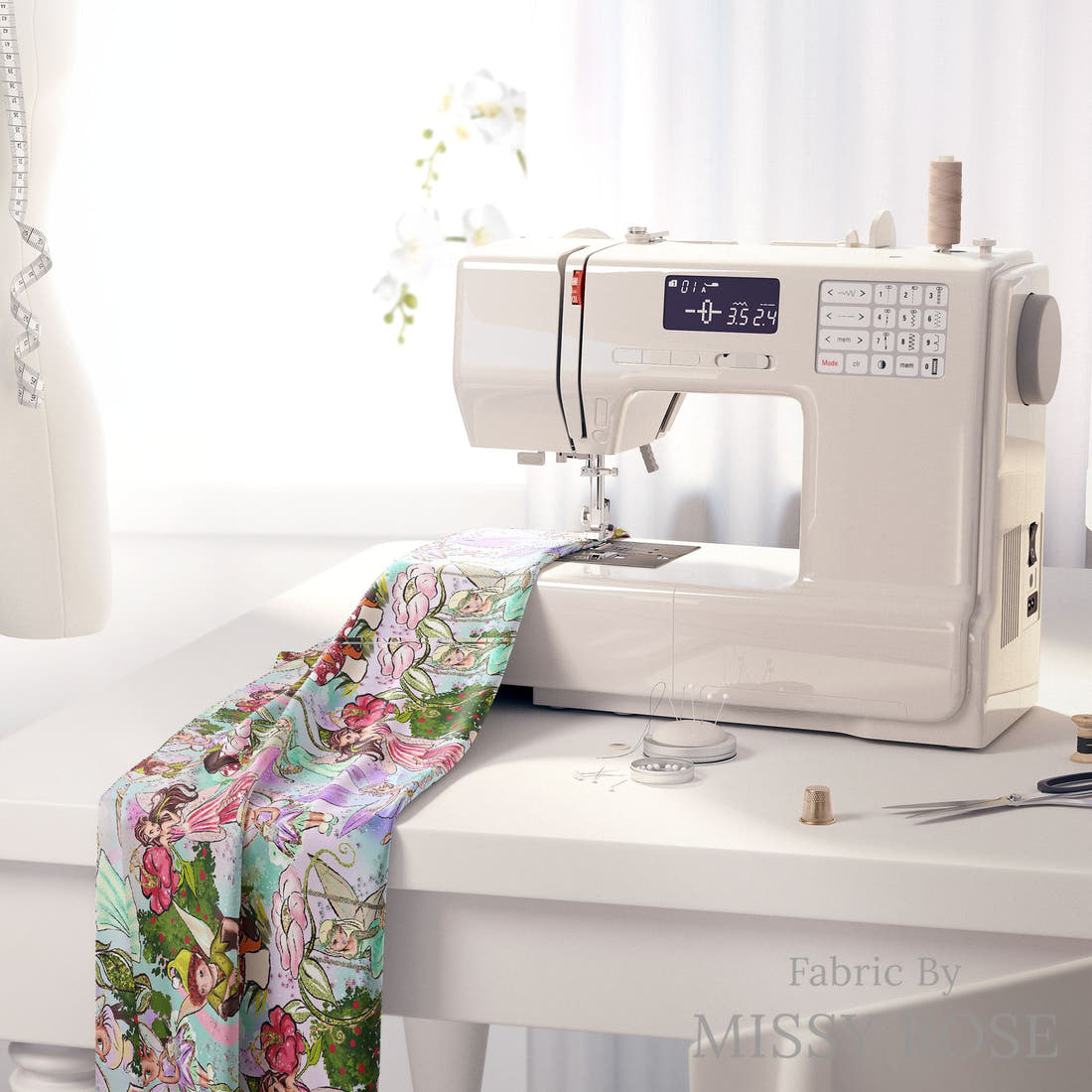 Design 952 Fairies Fabric on a sewing machine – premium fabric for sewing projects | Fabric by Missy Rose