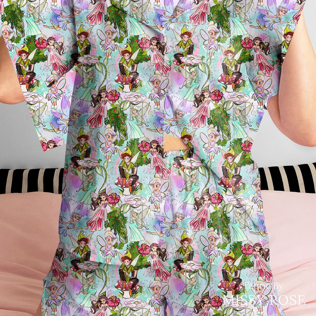 Design 952 Fairies Fabric sewn into a women's pyjama set – see how the print looks made up | Fabric by Missy Rose