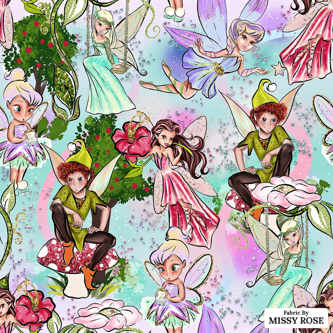 Design 952 Fairies Fabric – flat view of the print, zoom in for detail | Fabric by Missy Rose