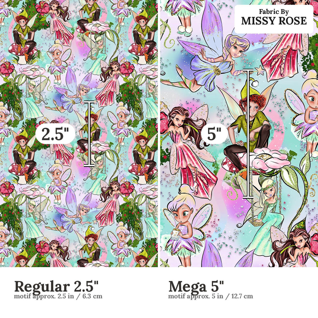 Design 952 Fairies Fabric Regular 2.5 inch vs Mega 5 inch print scale side by side | Fabric by Missy Rose