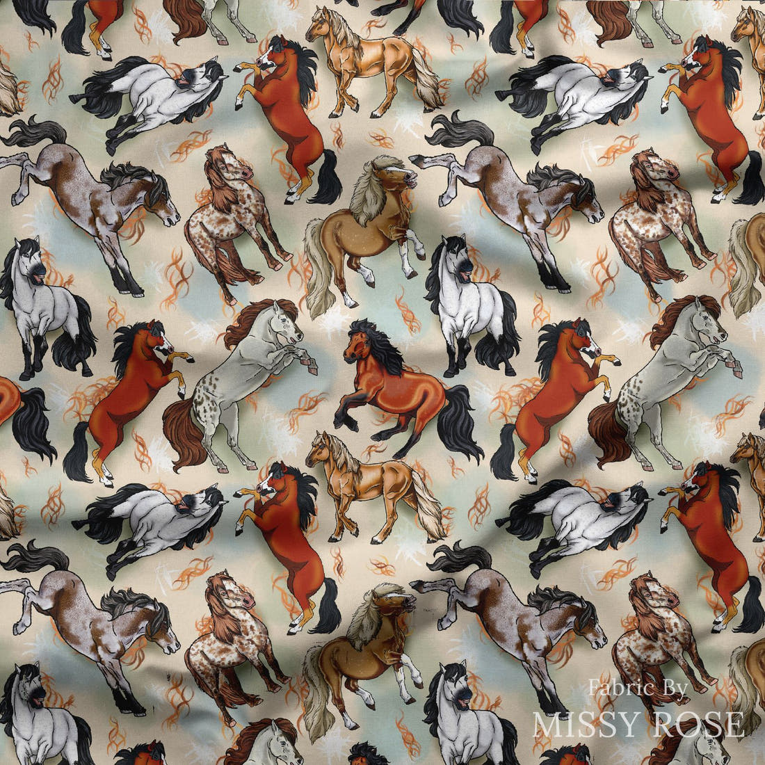 Design 953 Neutral Horse Fabric draped fabric mockup – custom printed fabric by the metre | Fabric by Missy Rose