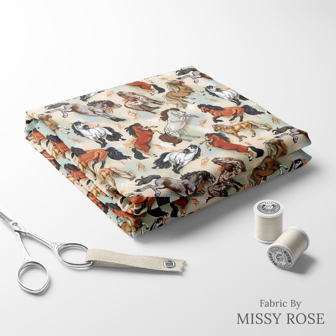 Design 953 Neutral Horse Fabric folded fabric stack with matching thread – pre-order fabric Australia | Fabric by Missy Rose