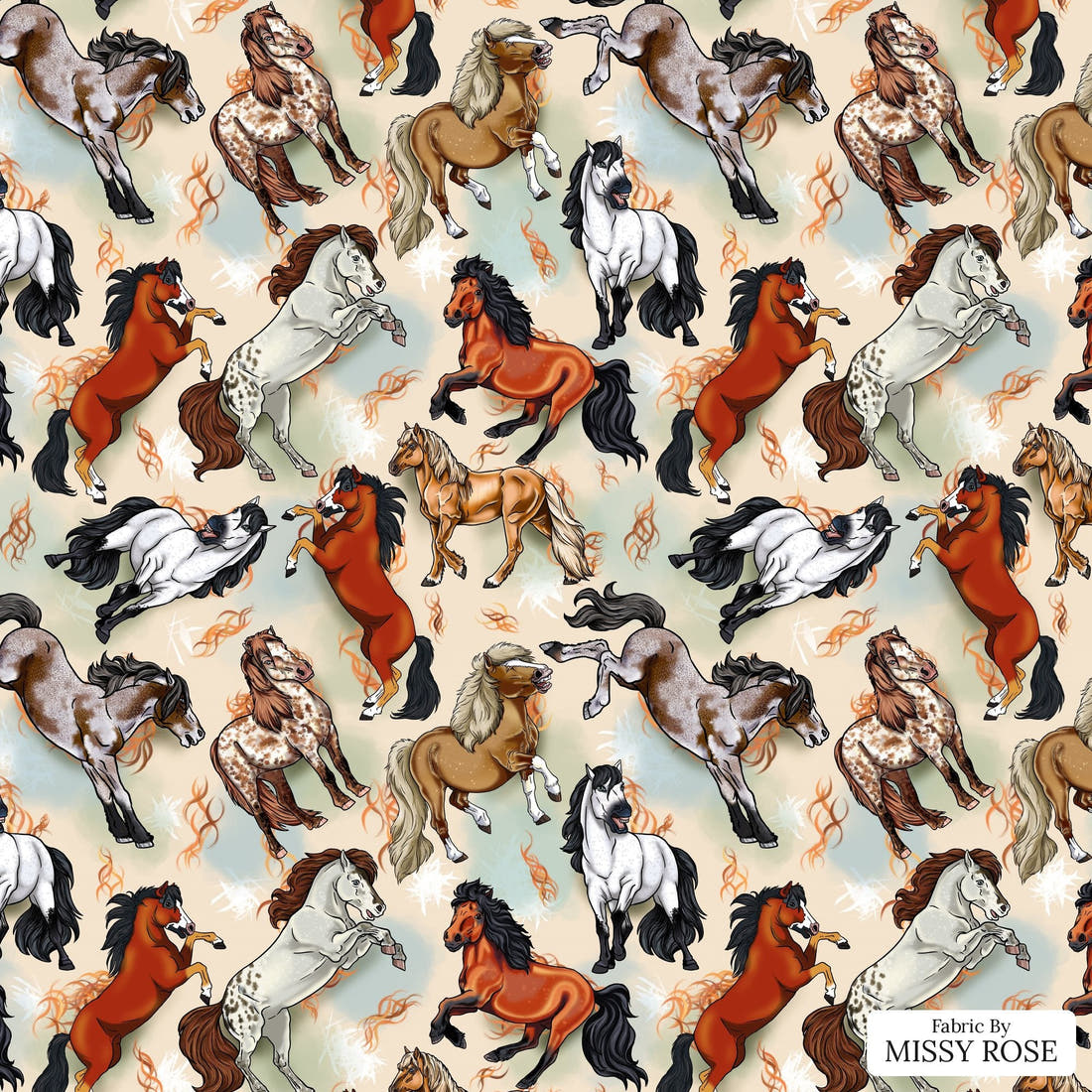 Design 953 Neutral Horse Fabric – flat view of the print, zoom in for detail | Fabric by Missy Rose