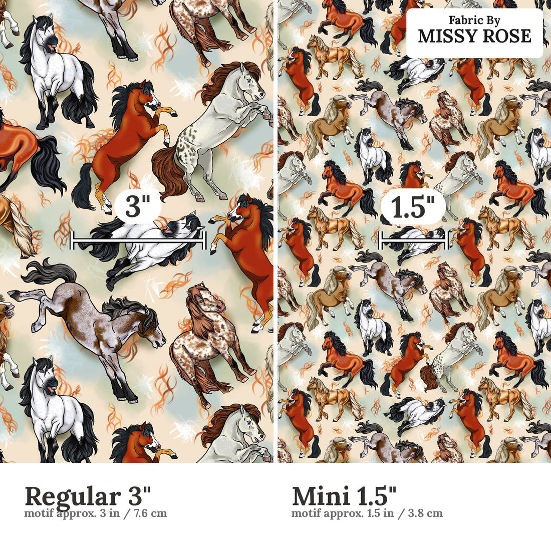 Design 953 Neutral Horse Fabric Regular 3 inch vs Mini 1.5 inch print scale side by side | Fabric by Missy Rose
