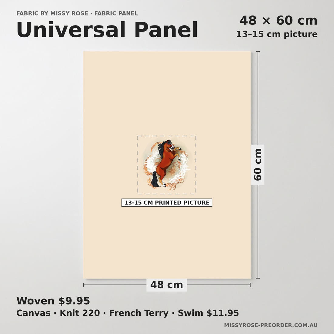 Design 953 Neutral Horse Panel universal panel sizing – 13–15 cm printed picture on 48 × 60 cm fabric | Fabric by Missy Rose