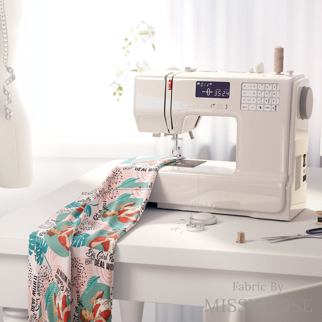 Design 954 Panties Fabric on a sewing machine – premium fabric for sewing projects | Fabric by Missy Rose