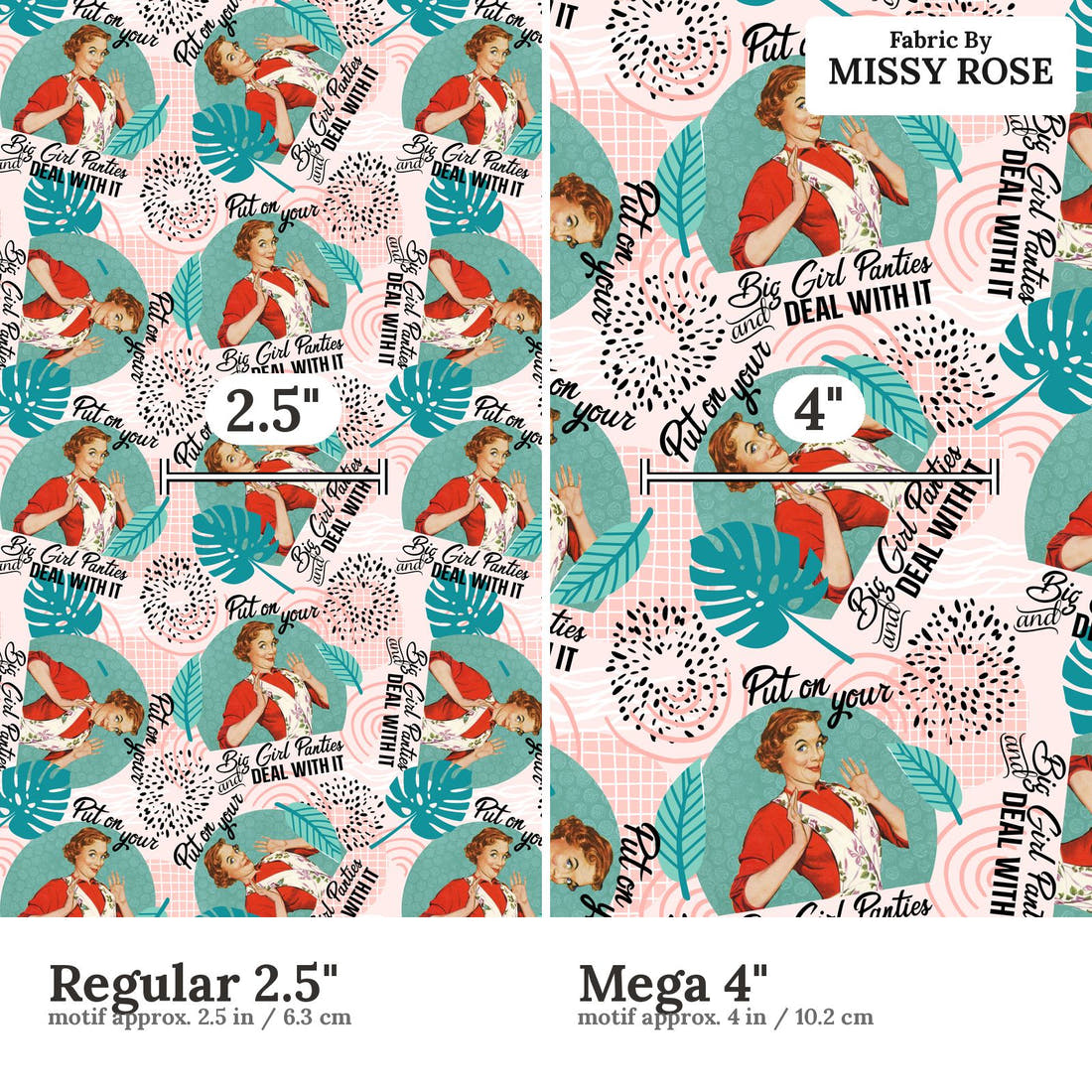 Design 954 Panties Fabric Regular 2.5 inch vs Mega 4 inch print scale side by side | Fabric by Missy Rose