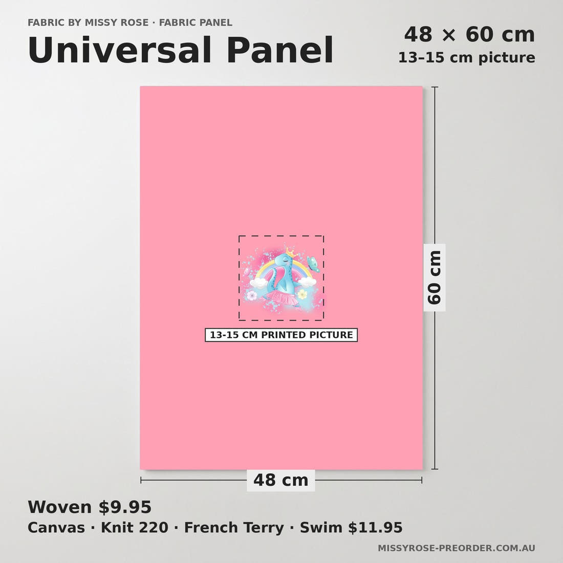 Design 955 Pink Dinosaur Panel universal panel sizing – 13–15 cm printed picture on 48 × 60 cm fabric | Fabric by Missy Rose