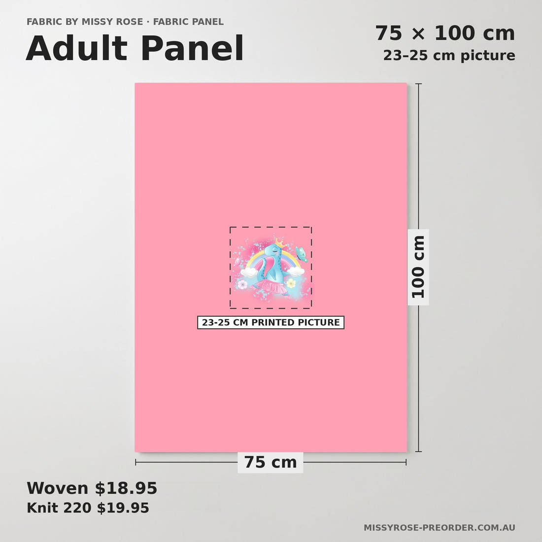 Design 955 Pink Dinosaur Panel adult panel sizing – 23–25 cm printed picture on 75 × 100 cm fabric | Fabric by Missy Rose