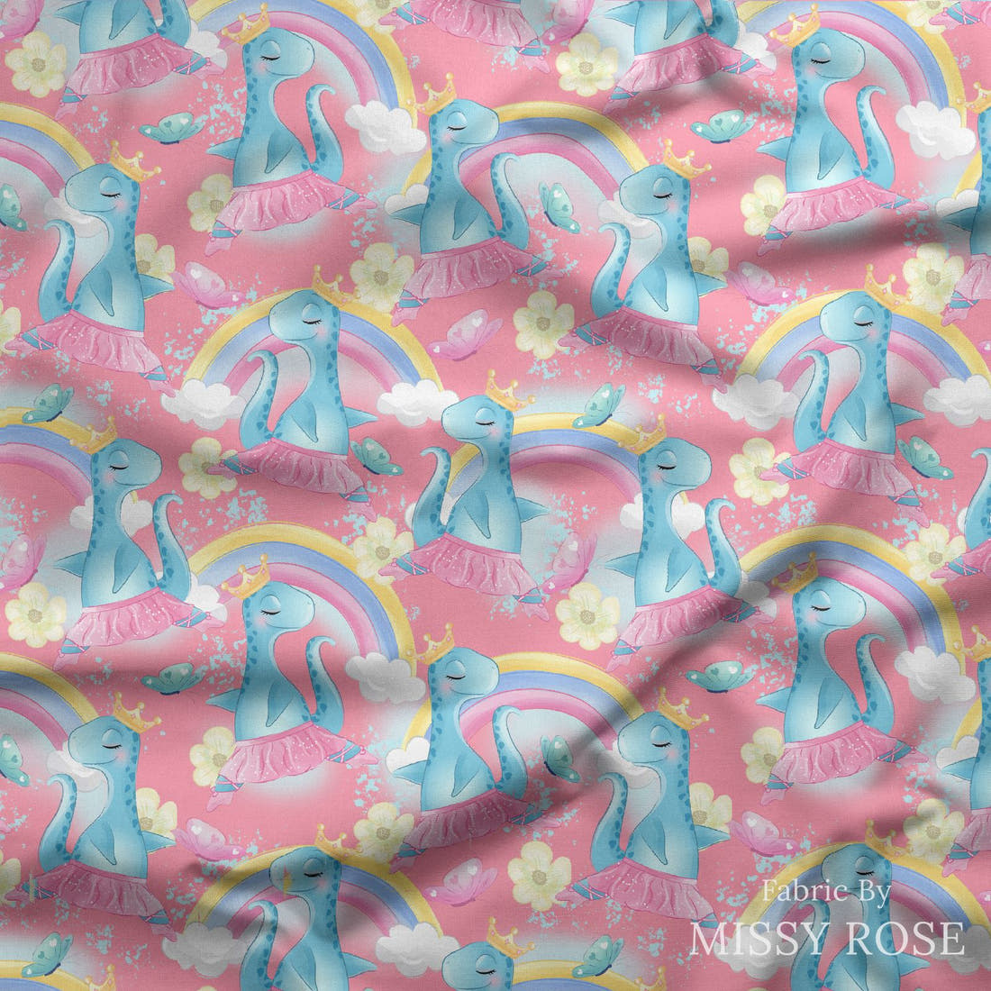 Design 955 Pink Dinosaur Fabric draped fabric mockup – custom printed fabric by the metre | Fabric by Missy Rose