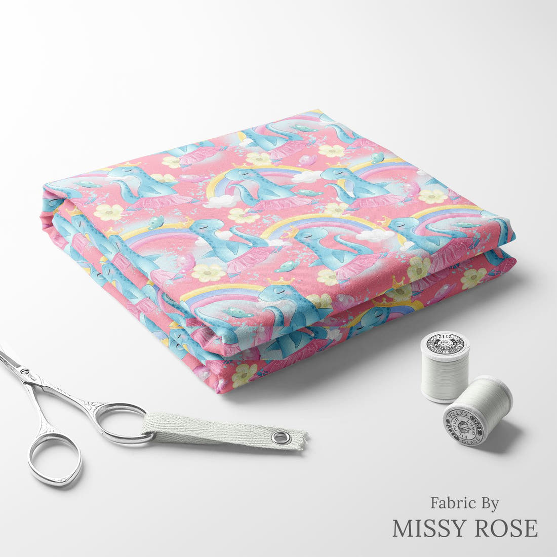 Design 955 Pink Dinosaur Fabric folded fabric stack with matching thread – pre-order fabric Australia | Fabric by Missy Rose