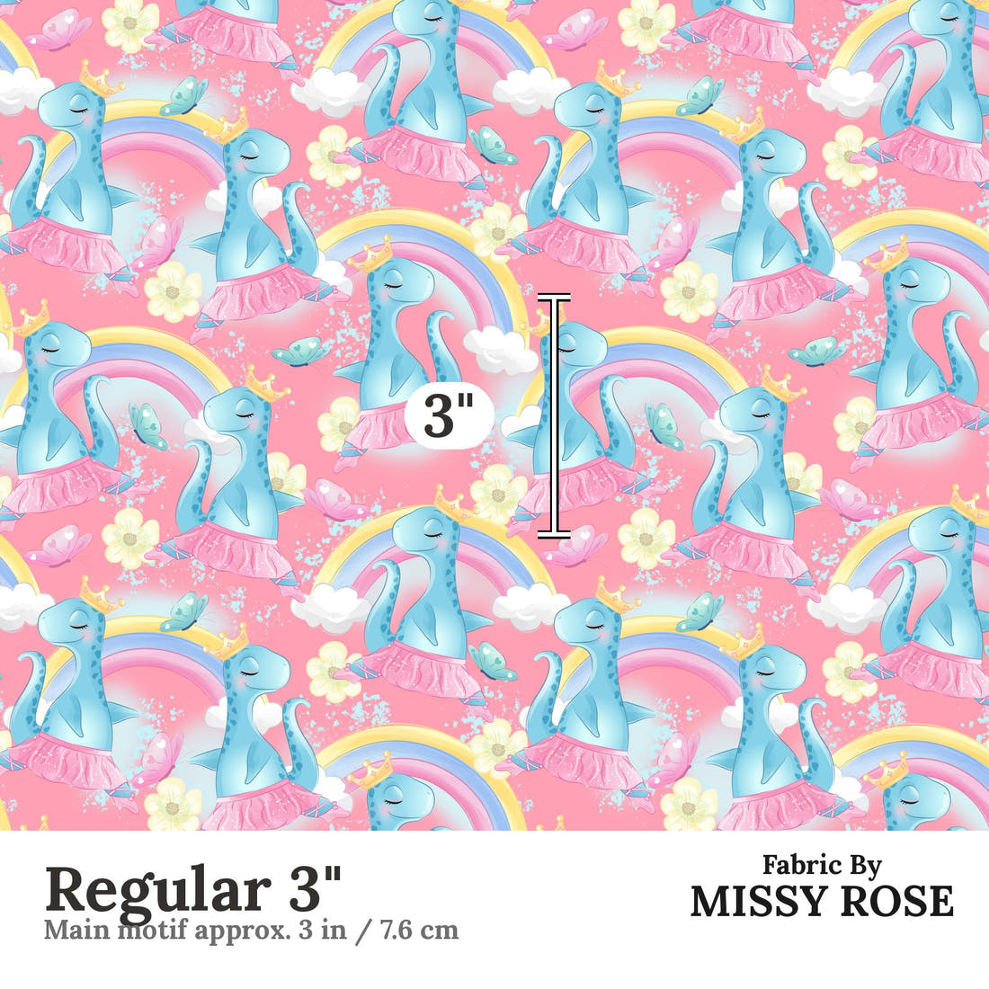 Design 955 Pink Dinosaur Fabric Regular 3 inch print scale guide | Fabric by Missy Rose