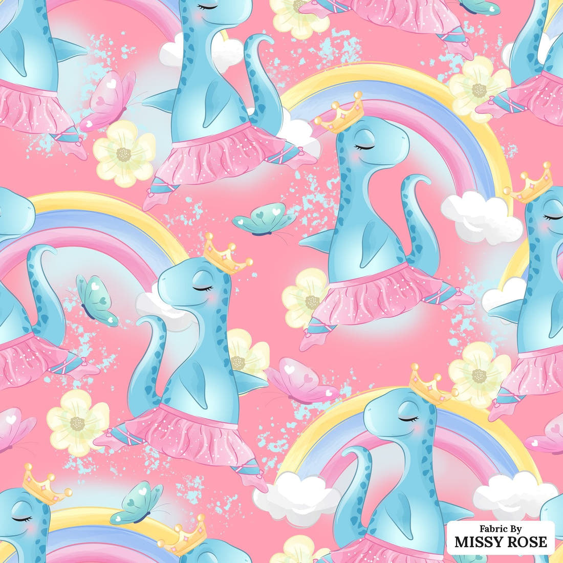 Design 955 Pink Dinosaur Fabric – flat view of the print, zoom in for detail | Fabric by Missy Rose