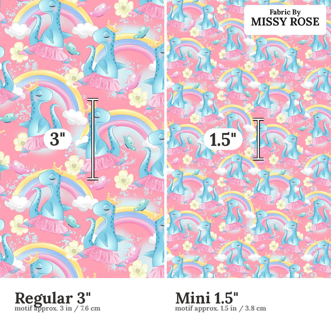 Design 955 Pink Dinosaur Fabric Regular 3 inch vs Mini 1.5 inch print scale side by side | Fabric by Missy Rose