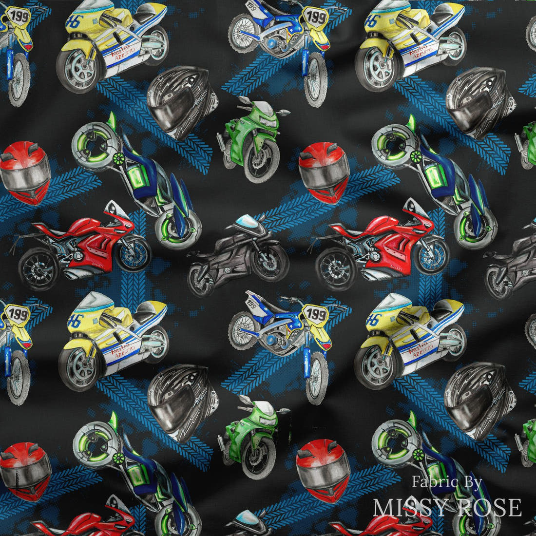Design 956 Motorbike Fabric draped fabric mockup – custom printed fabric by the metre | Fabric by Missy Rose
