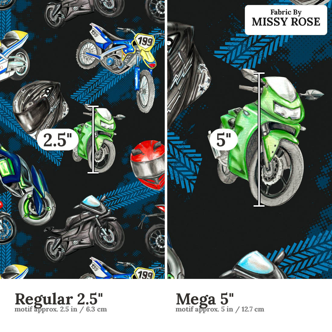 Design 956 Motorbike Fabric Regular 2.5 inch vs Mega 5 inch print scale side by side | Fabric by Missy Rose