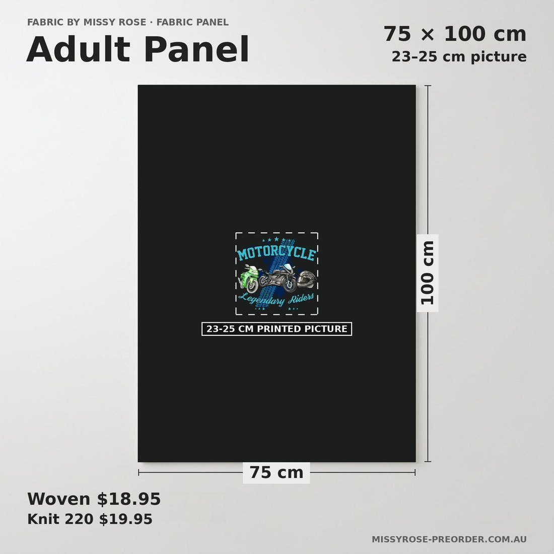 Design 956 Motorbike Panel adult panel sizing – 23–25 cm printed picture on 75 × 100 cm fabric | Fabric by Missy Rose