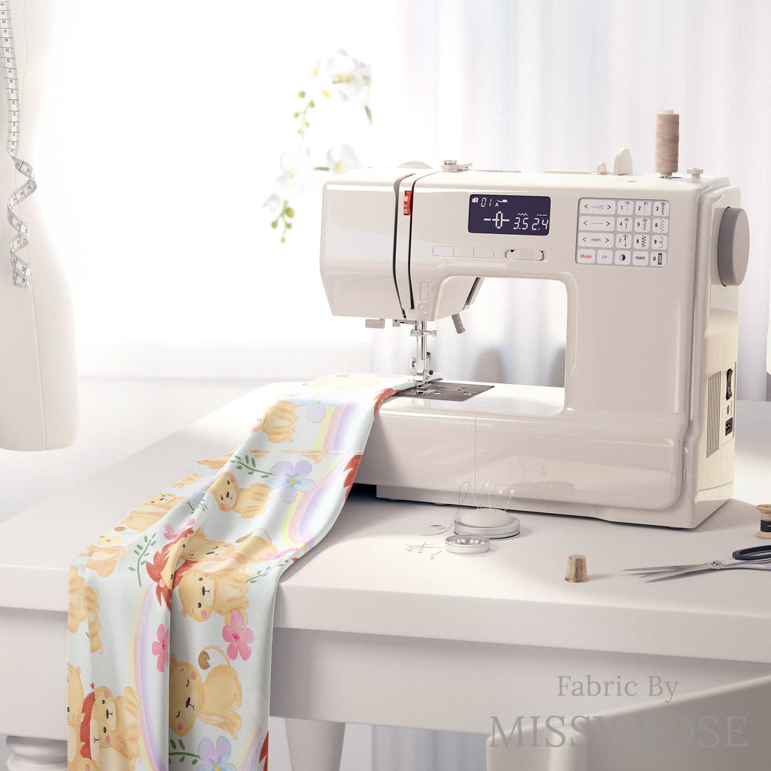 Design 957 Lion Pride Fabric on a sewing machine – premium fabric for sewing projects | Fabric by Missy Rose