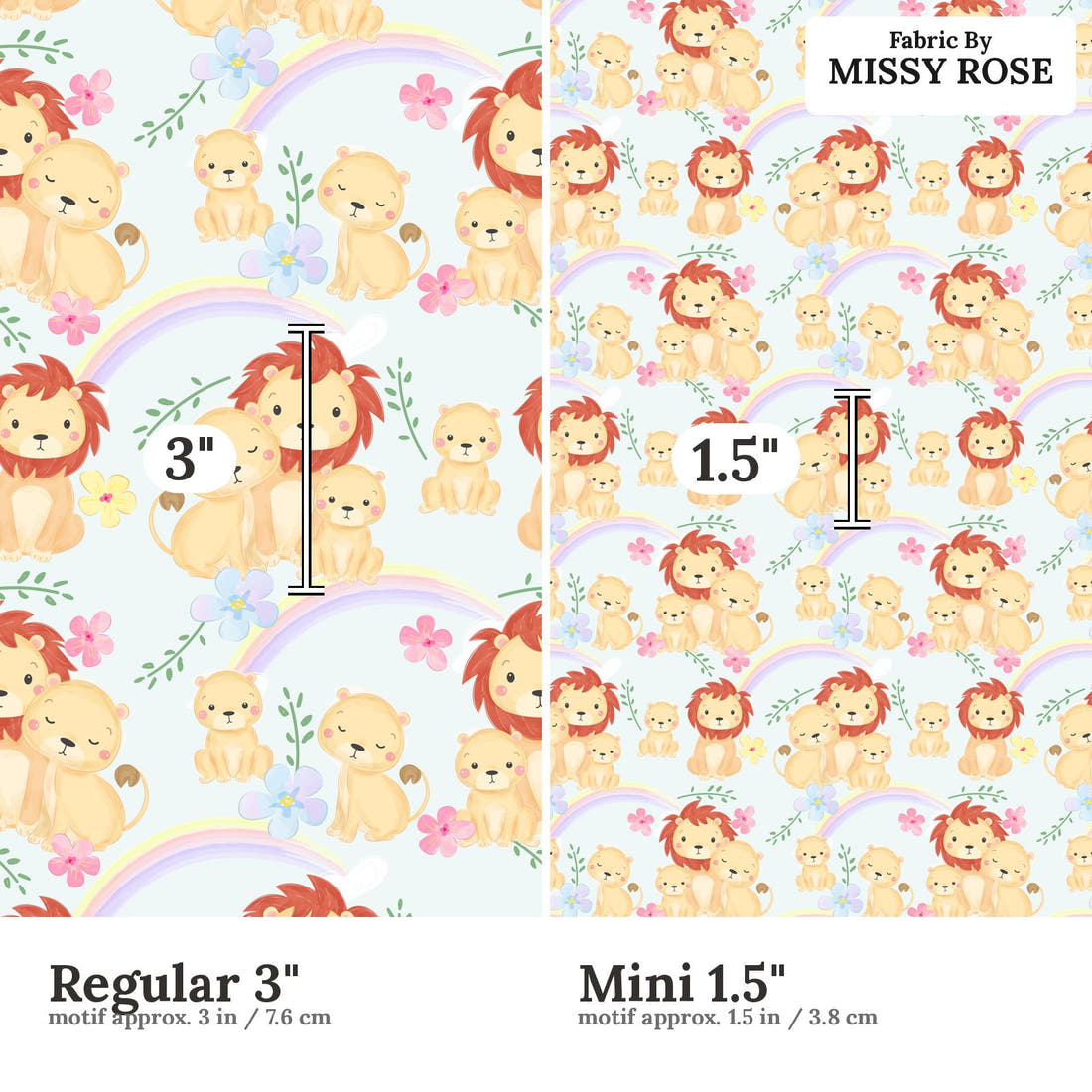 Design 957 Lion Pride Fabric Regular 3 inch vs Mini 1.5 inch print scale side by side | Fabric by Missy Rose