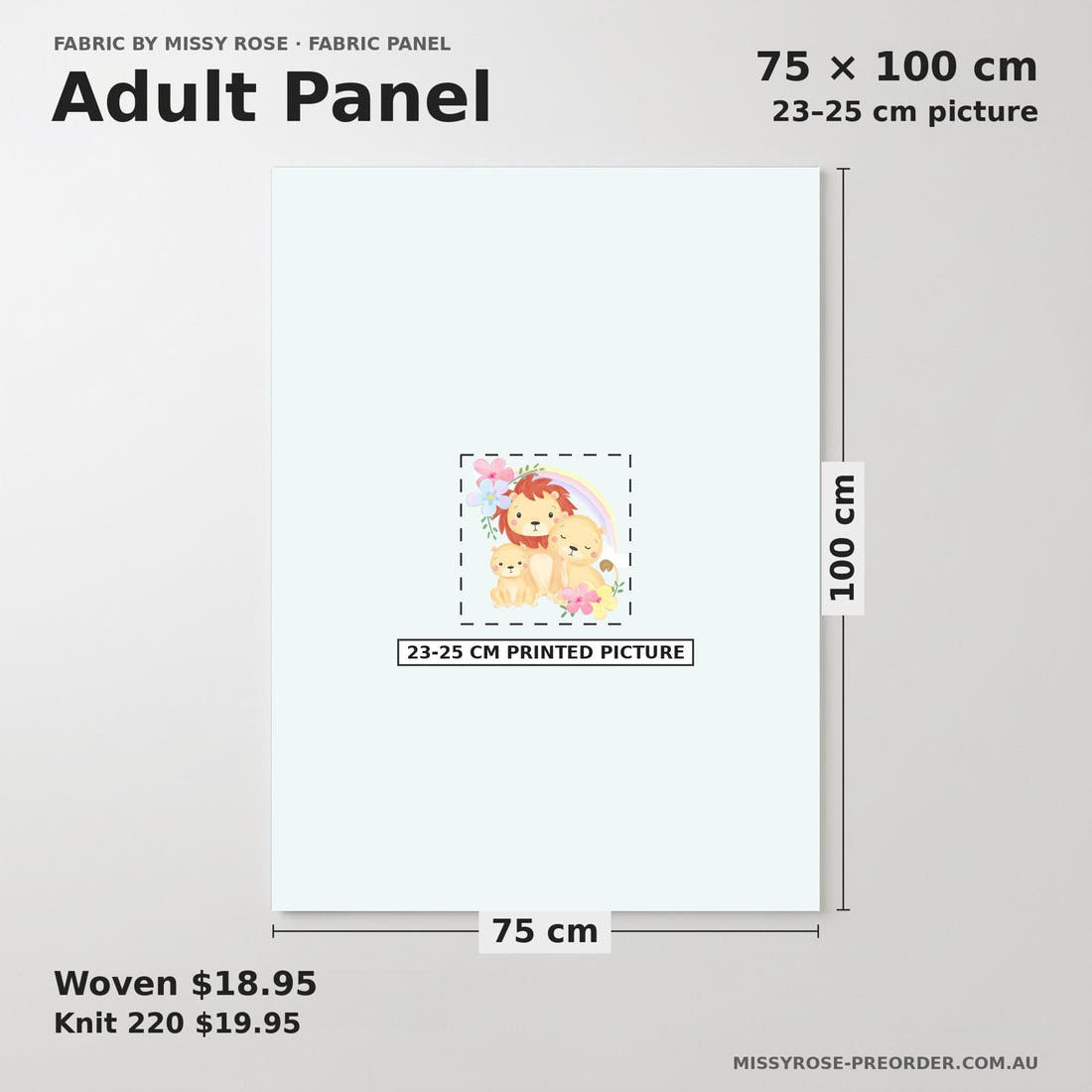 Design 957 Lion Pride Panel adult panel sizing – 23–25 cm printed picture on 75 × 100 cm fabric | Fabric by Missy Rose