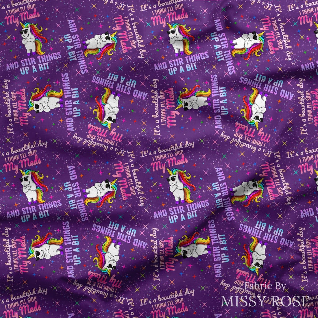 Design 958 Funny Unicorn Fabric draped fabric mockup – custom printed fabric by the metre | Fabric by Missy Rose
