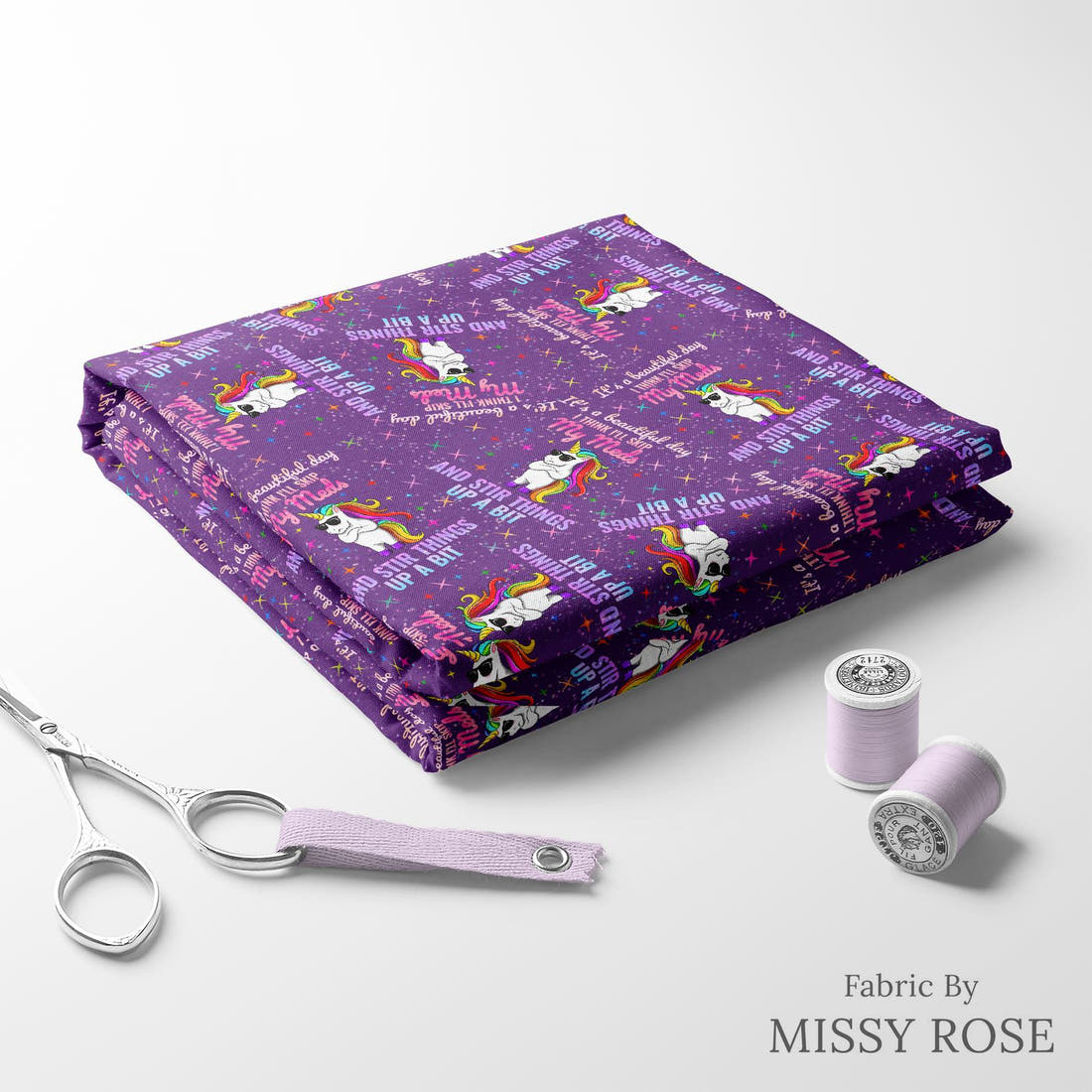 Design 958 Funny Unicorn Fabric folded fabric stack with matching thread – pre-order fabric Australia | Fabric by Missy Rose