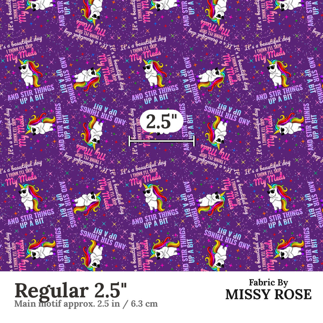 Design 958 Funny Unicorn Fabric Regular 2.5 inch print scale guide | Fabric by Missy Rose