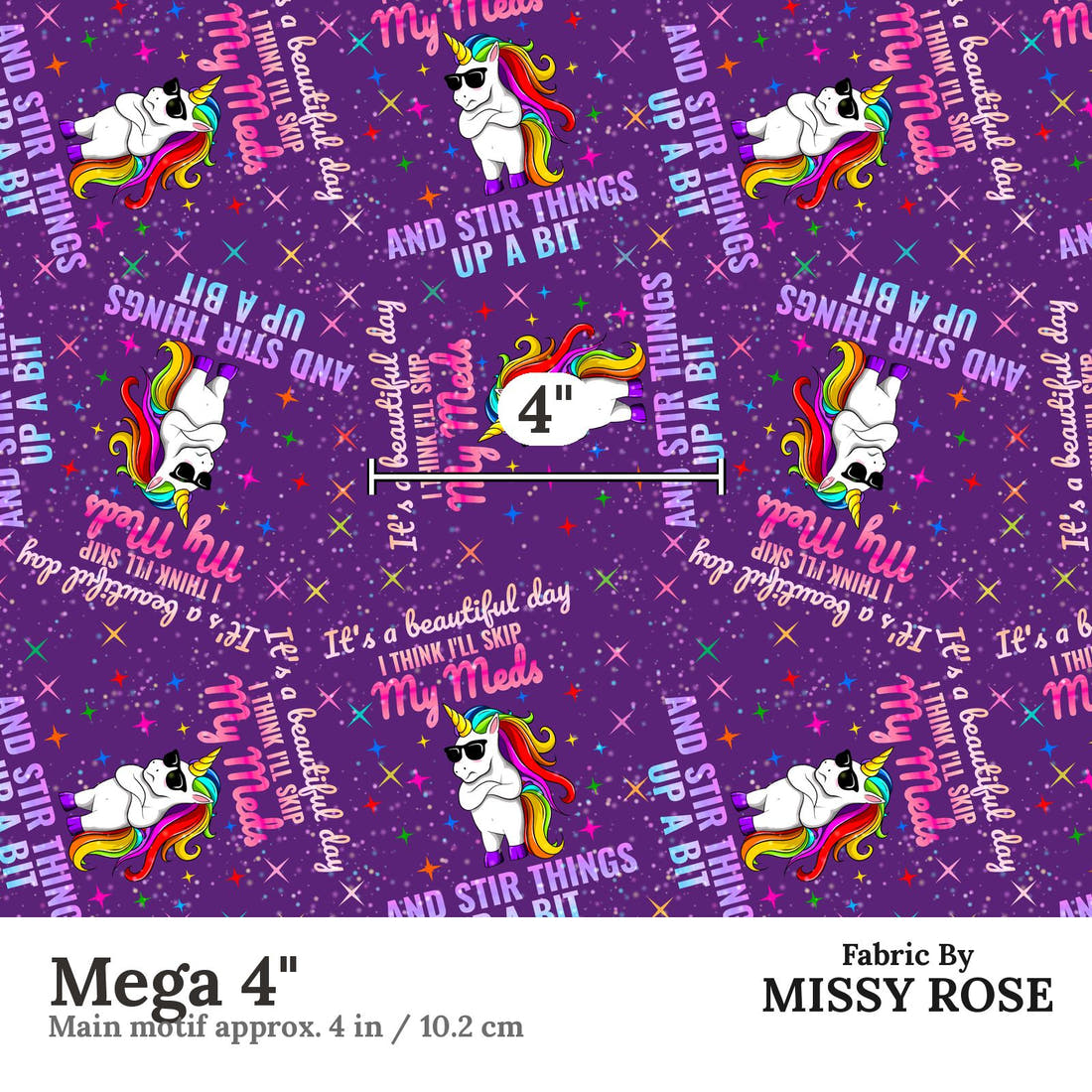 Design 958 Funny Unicorn Fabric Mega 4 inch print scale guide | Fabric by Missy Rose