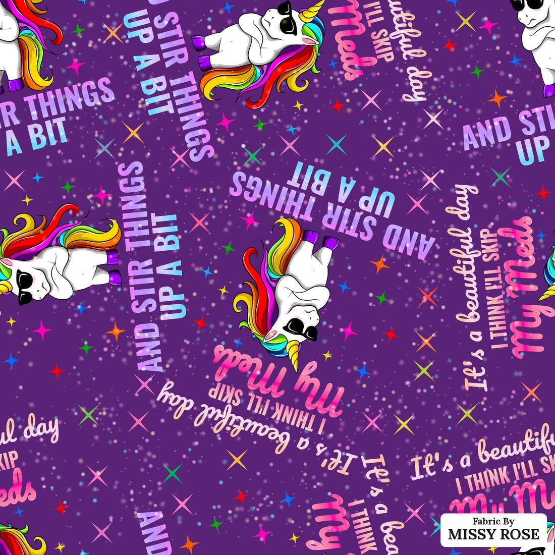 Design 958 Funny Unicorn Fabric – flat view of the print, zoom in for detail | Fabric by Missy Rose