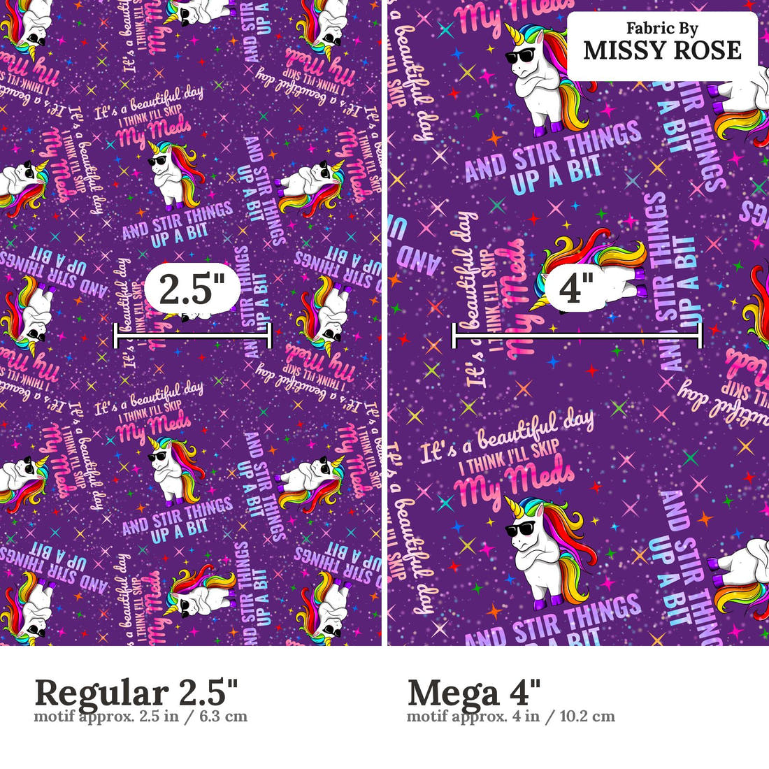 Design 958 Funny Unicorn Fabric Regular 2.5 inch vs Mega 4 inch print scale side by side | Fabric by Missy Rose
