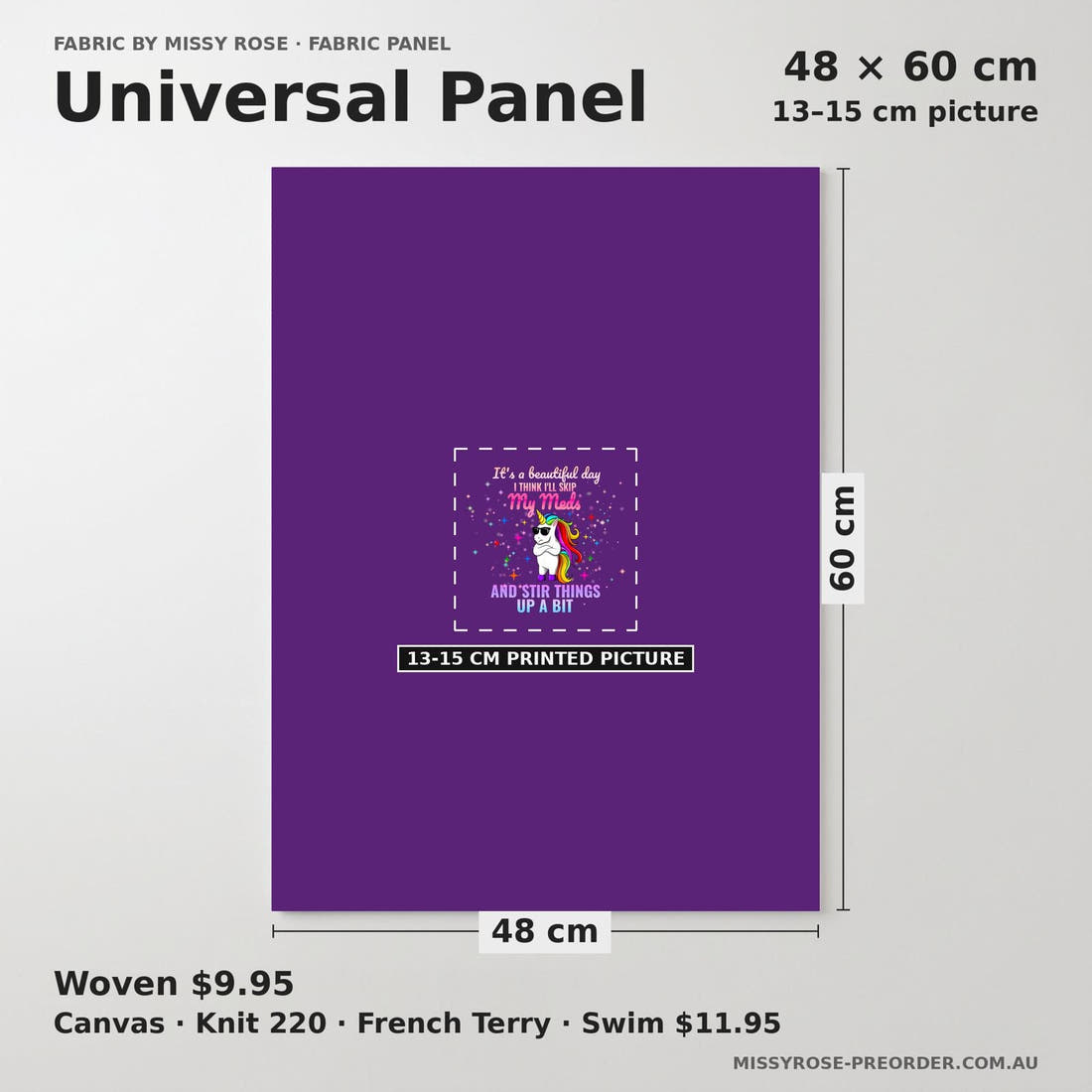 Design 958 Funny Unicorn Panel universal panel sizing – 13–15 cm printed picture on 48 × 60 cm fabric | Fabric by Missy Rose