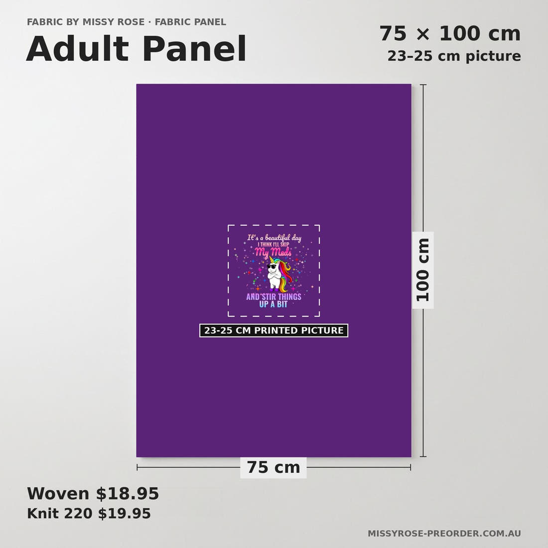 Design 958 Funny Unicorn Panel adult panel sizing – 23–25 cm printed picture on 75 × 100 cm fabric | Fabric by Missy Rose