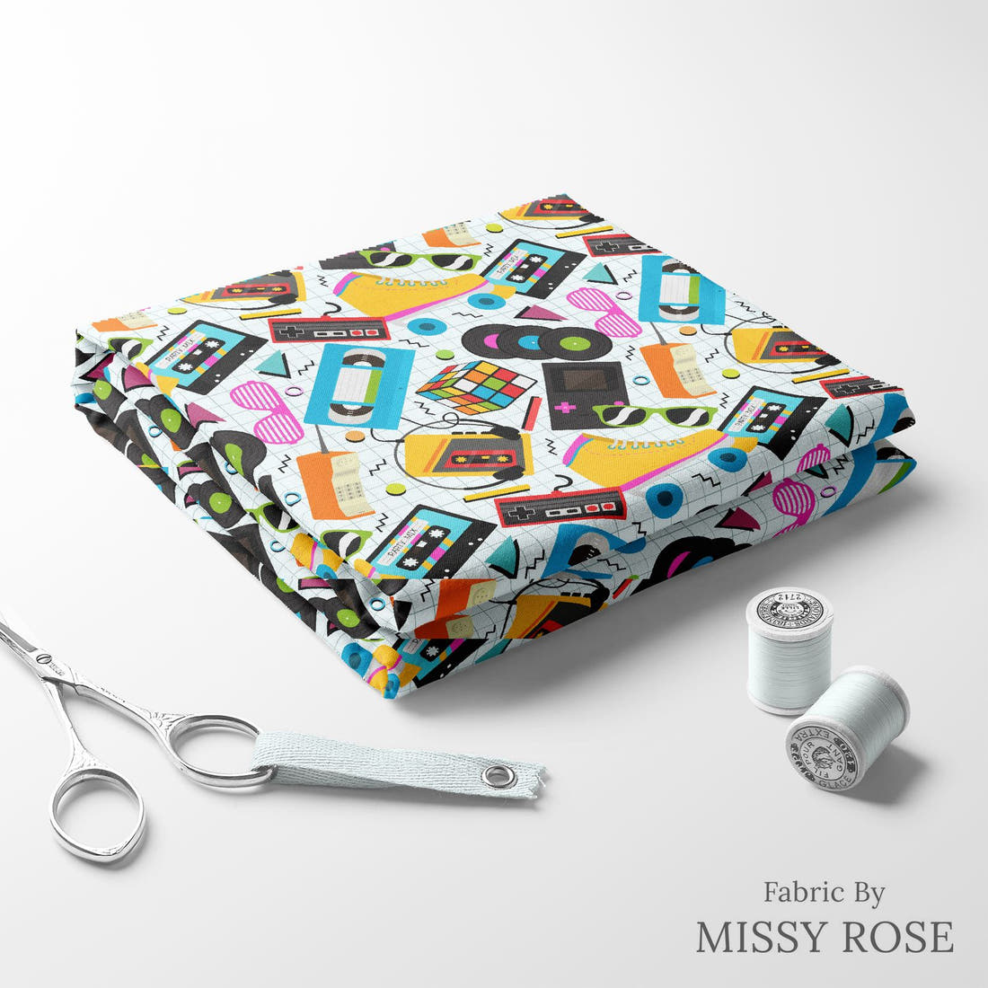 Design 959 Retro Things Fabric folded fabric stack with matching thread – pre-order fabric Australia | Fabric by Missy Rose