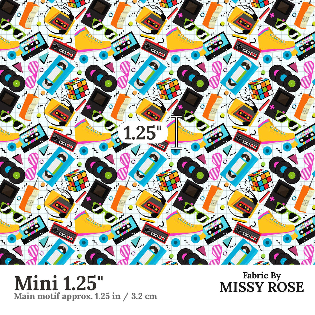 Design 959 Retro Things Fabric Mini 1.25 inch print scale guide | Fabric by Missy Rose