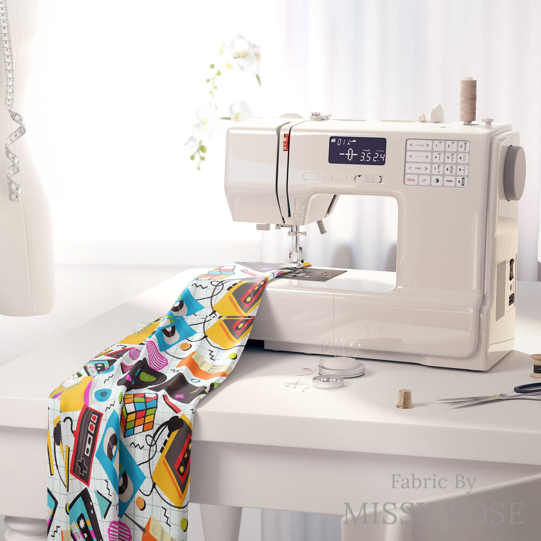 Design 959 Retro Things Fabric on a sewing machine – premium fabric for sewing projects | Fabric by Missy Rose