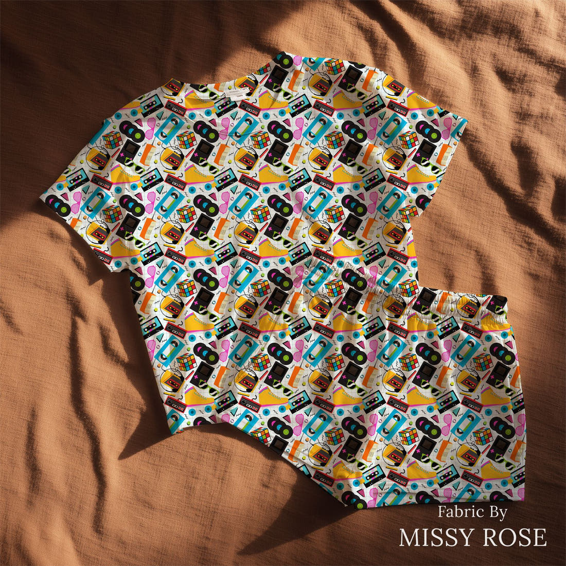 Design 959 Retro Things Fabric sewn into a lounge set – see how the print looks made up | Fabric by Missy Rose