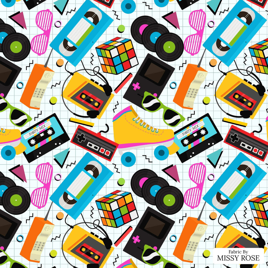 Design 959 Retro Things Fabric – flat view of the print, zoom in for detail | Fabric by Missy Rose