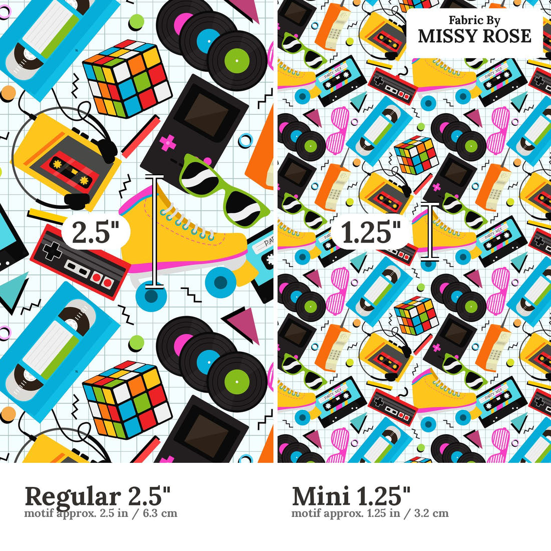 Design 959 Retro Things Fabric Regular 2.5 inch vs Mini 1.25 inch print scale side by side | Fabric by Missy Rose