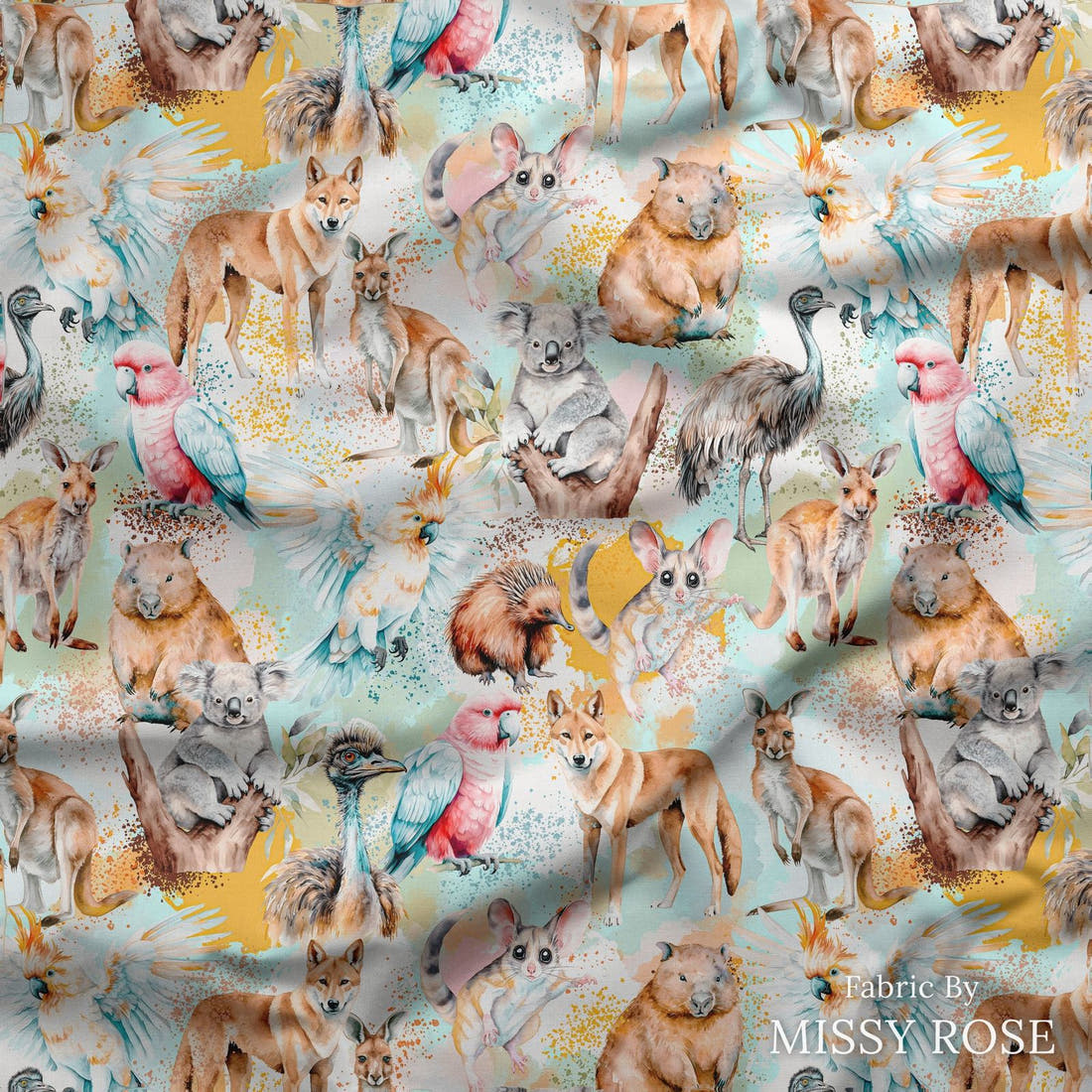 Design 96 Australian Animals Fabric draped fabric mockup – custom printed fabric by the metre | Fabric by Missy Rose