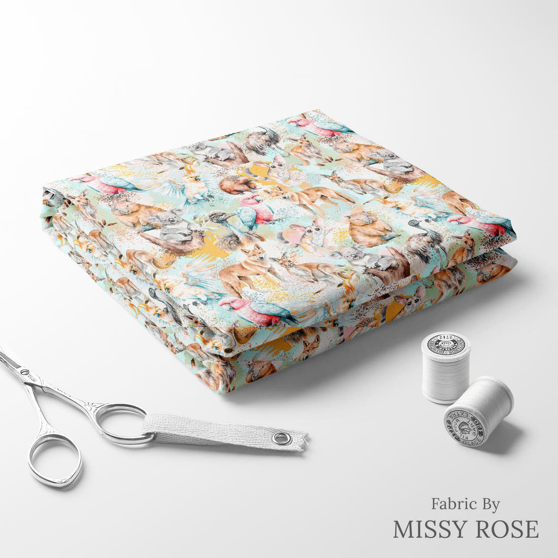 Design 96 Australian Animals Fabric folded fabric stack with matching thread – pre-order fabric Australia | Fabric by Missy Rose