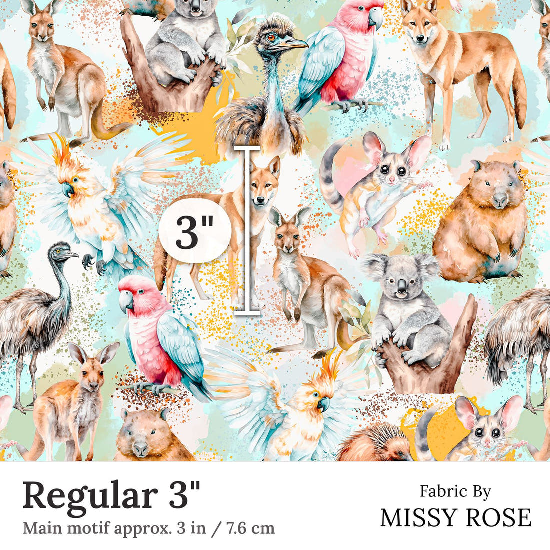 Design 96 Australian Animals Fabric Regular 3 inch print scale guide | Fabric by Missy Rose