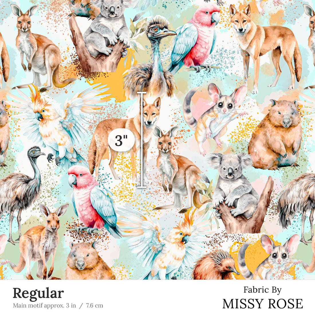 Design 96 Australian Animals Fabric Regular 3 inch print scale guide | Fabric by Missy Rose
