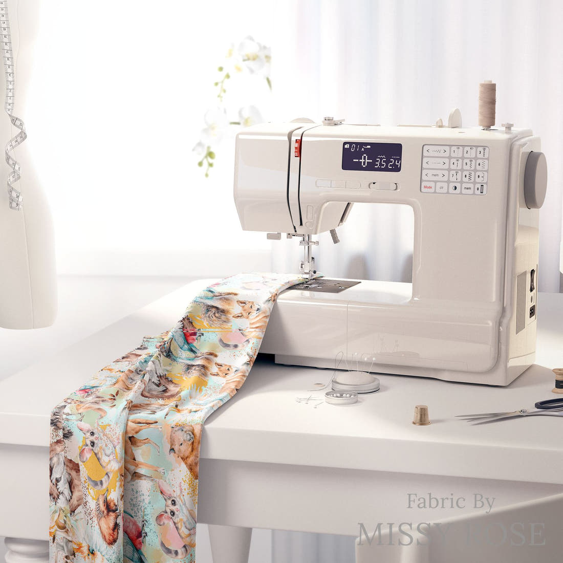 Design 96 Australian Animals Fabric on a sewing machine – premium fabric for sewing projects | Fabric by Missy Rose