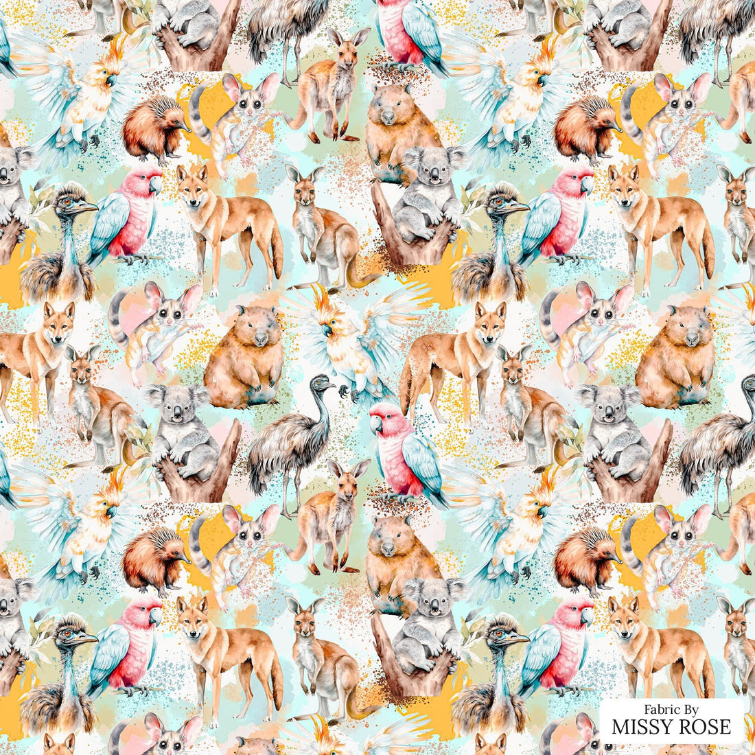 Design 96 Australian Animals Fabric - flat view of the print, zoom in for detail | Fabric by Missy Rose