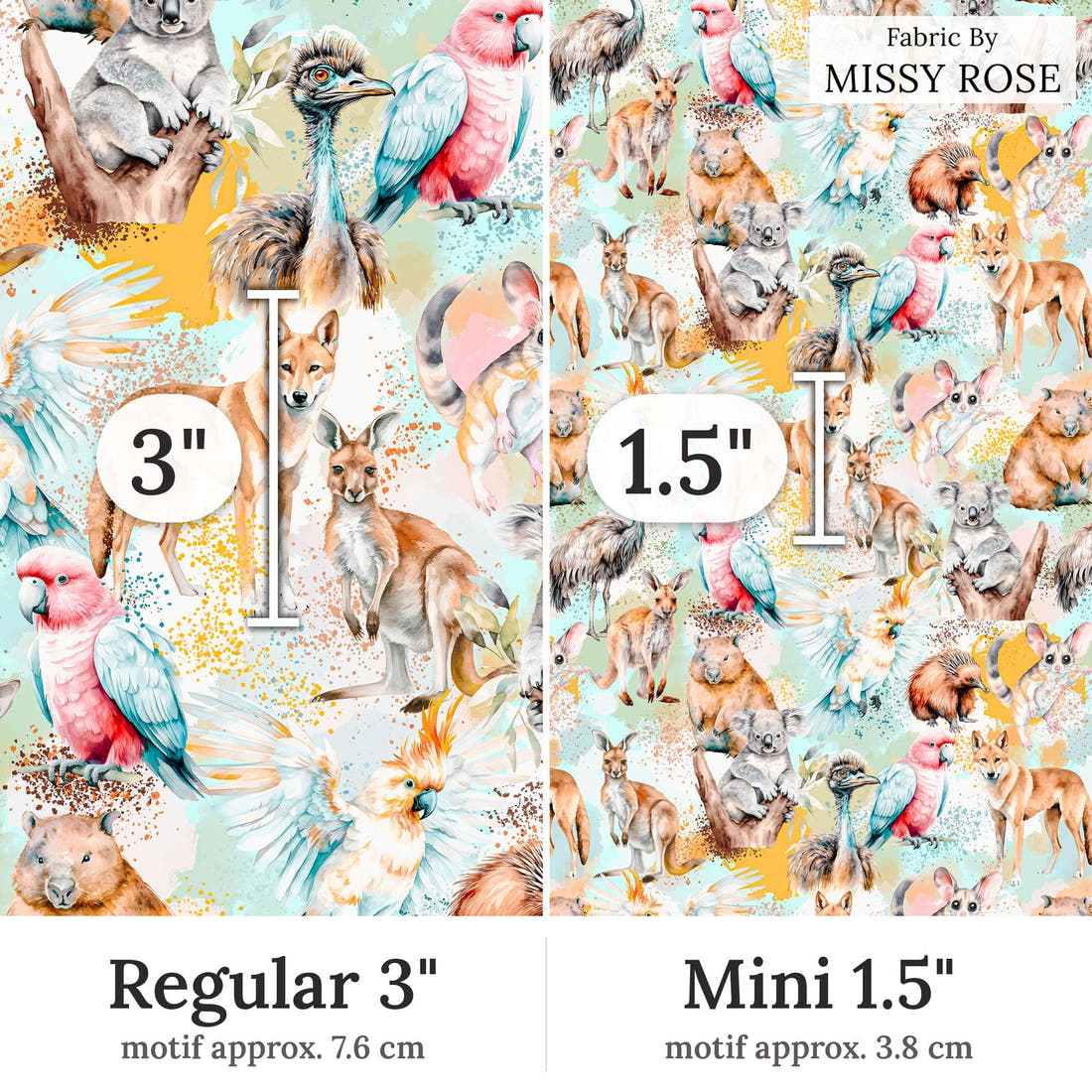 Design 96 Australian Animals Fabric Regular 3 inch vs Mini 1.5 inch print scale side by side | Fabric by Missy Rose