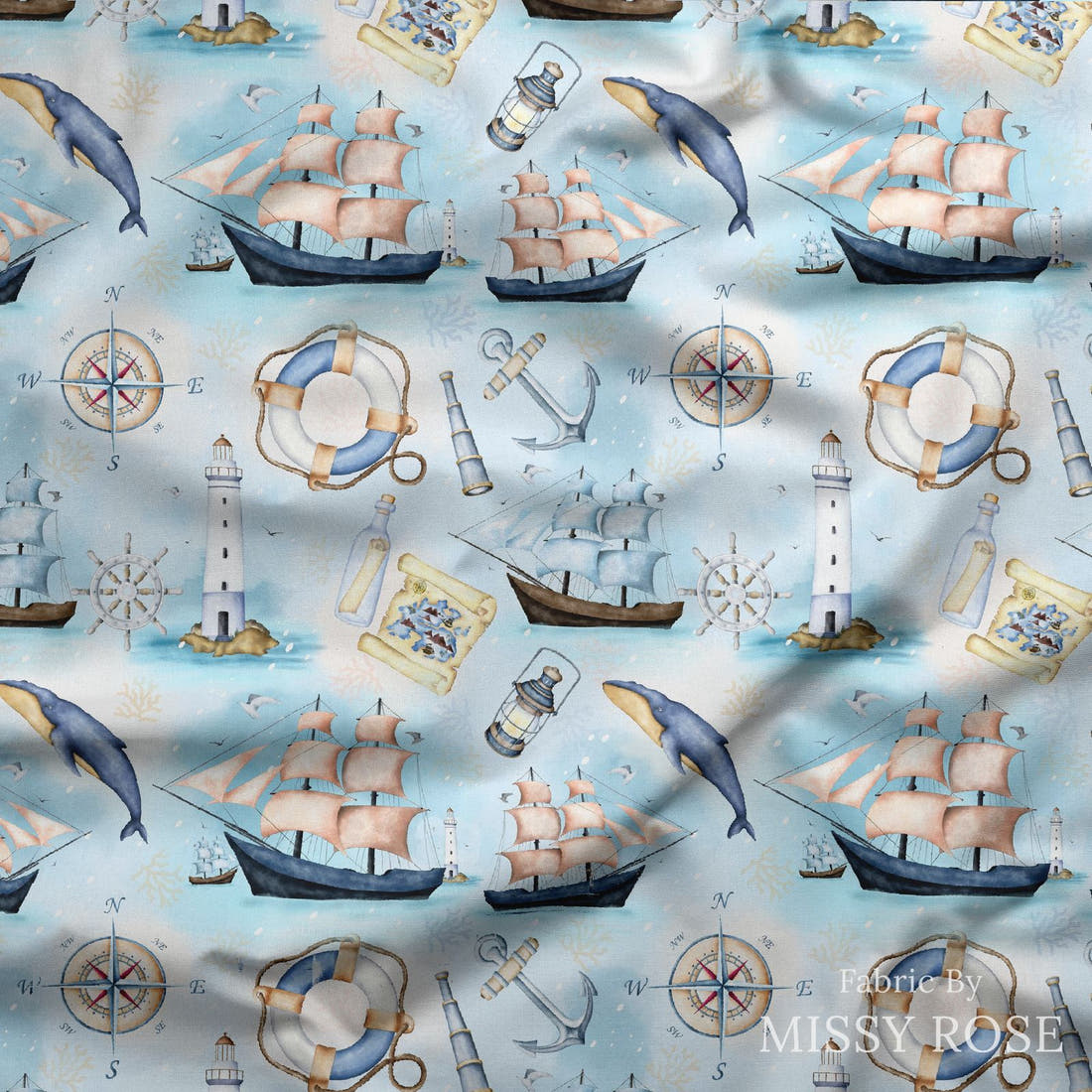 Design 960 Nautical Fabric draped fabric mockup – custom printed fabric by the metre | Fabric by Missy Rose