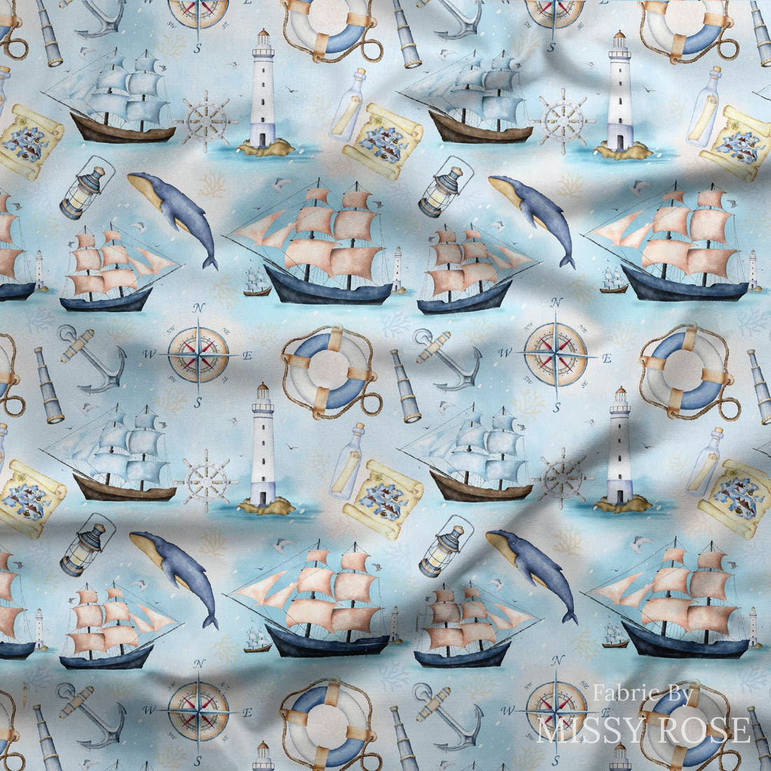 Design 960 Nautical Fabric draped fabric mockup – custom printed fabric by the metre | Fabric by Missy Rose