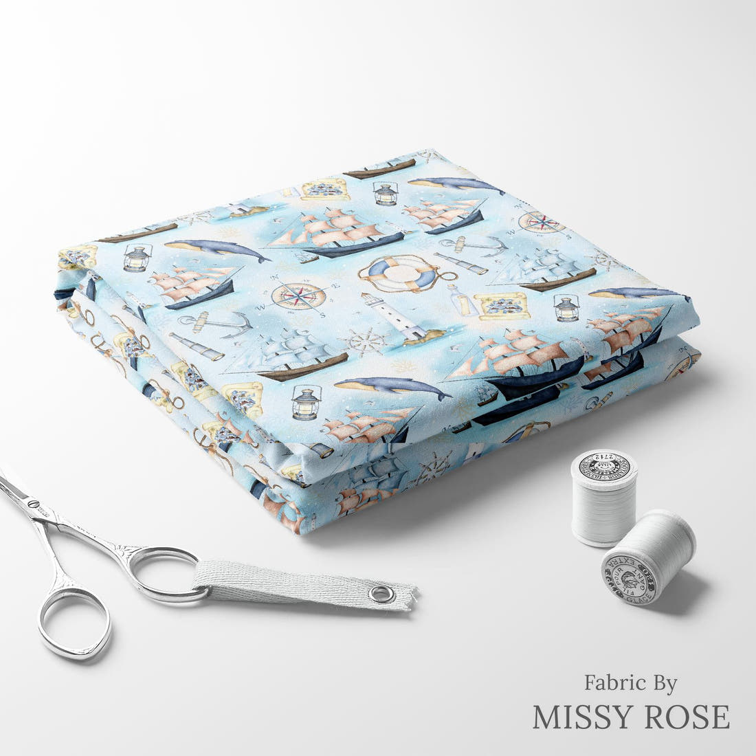 Design 960 Nautical Fabric folded fabric stack with matching thread – pre-order fabric Australia | Fabric by Missy Rose