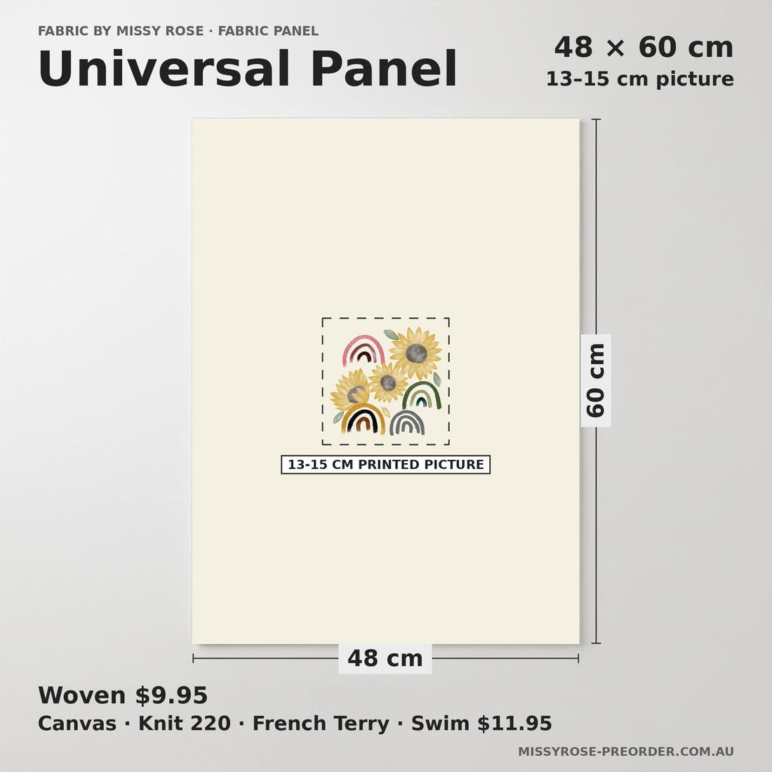 Design 961 Sunflower Rainbow Panel universal panel sizing – 13–15 cm printed picture on 48 × 60 cm fabric | Fabric by Missy Rose
